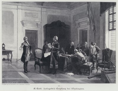 George Washington begrüßt den Marquis de Lafayette (Gravur) von American School