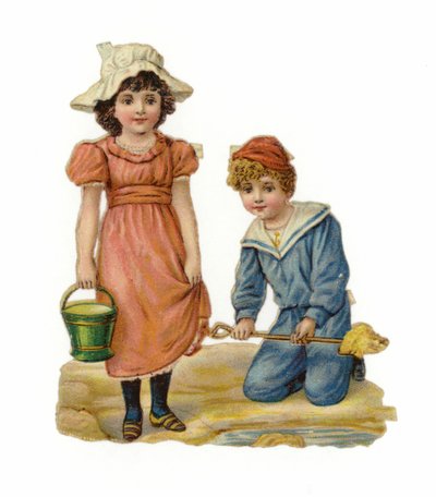 Mädchen und Junge bauen Sandburgen von American School