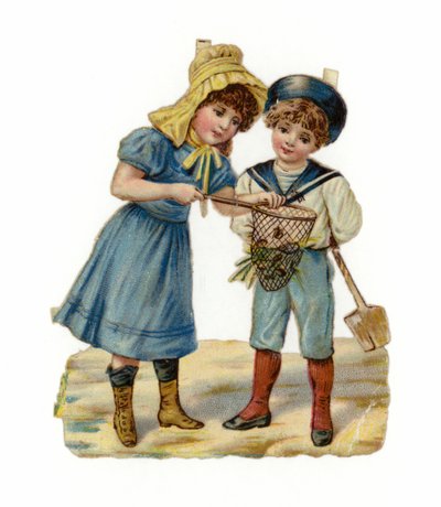 Mädchen und Junge angeln am Strand von American School