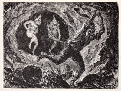 Gnome erschrecken einen Bergmann, aus Der Weltführer zu Gnomen, Feen, Elfen und anderen kleinen Leuten von Thomas Keightley (1789-1872) veröffentlicht 1880 von American School