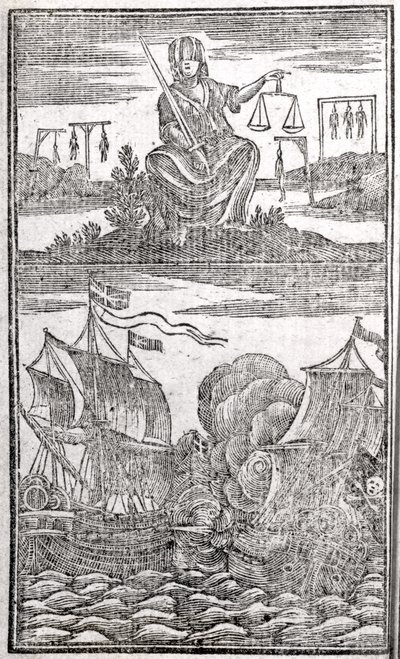 Geschichte und Leben aller berüchtigten Piraten und ihrer Besatzungen, Frontispiz, London, 1725 von American School
