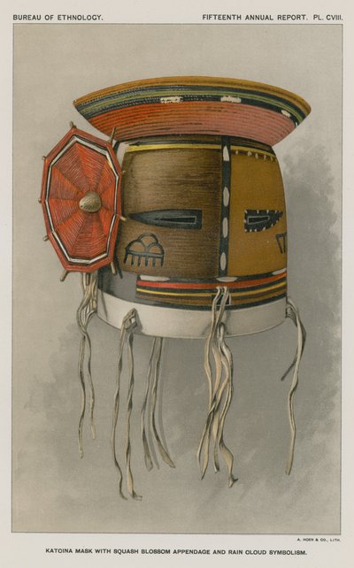 Katcina Maske mit Kürbisblütenanhang und Regenwolken-Symbolik von American School