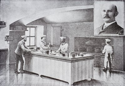 Küche des Weißen Hauses in den 1890er Jahren, mit Porträt von Hugo Ziemann von American School