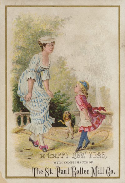 Dame und Mädchen tanzen, Neujahrskarte von American School