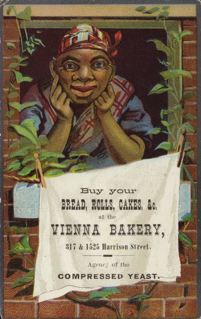 Dame am Fenster wirbt für Wiener Bäckerei von American School