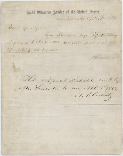 Brief von Abraham Lincoln an General Ulysses S. Grant, 7. April 1865 von American School