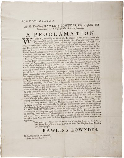 Treueeid zum Schutz der Unabhängigkeit von South Carolina, 2. April 1778 von American School