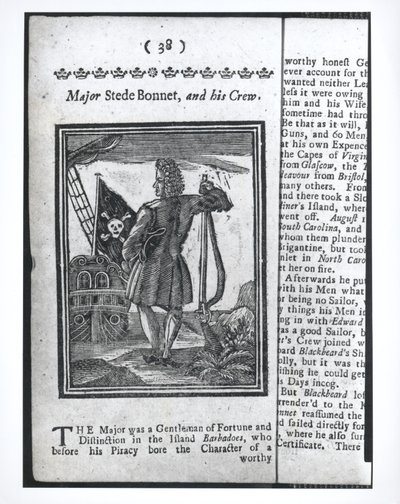 Major Stepe Bonnet, Seite 38 aus Geschichte und Leben aller berüchtigten Piraten und ihrer Besatzungen, London, 1725 von American School