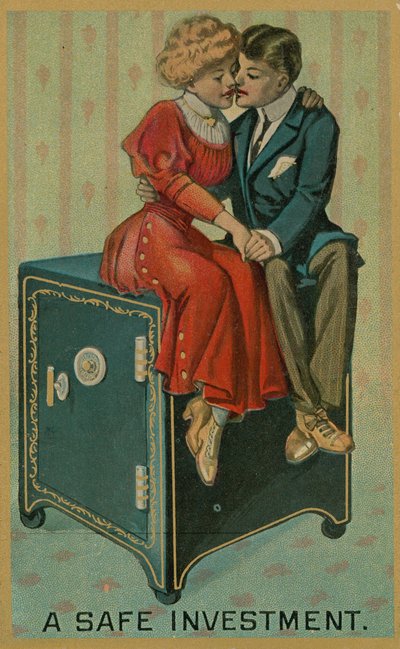 Mann und Frau umarmen sich auf einem Safe, Eine sichere Investition von American School
