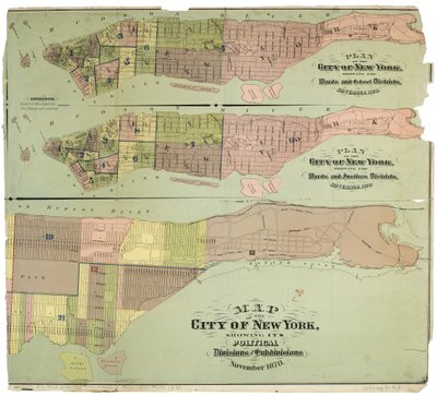 Karte der Stadt New York, die ihre politischen Abteilungen und Unterabteilungen zeigt von American School