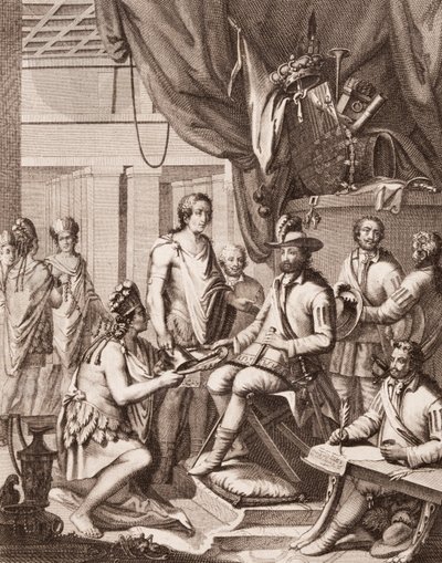 Montezuma übergibt sein Reich an den König von Spanien, gibt ihm Tribut und gelobt Gehorsam, aus Antonio de Solis y Rivadeneira Solis Geschichte der Eroberung Mexikos, graviert von Ximeno von American School