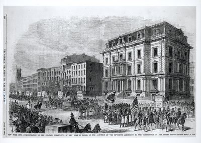 New York City: Demonstration der farbigen Einwohner von New York zu Ehren der Annahme des fünfzehnten Verfassungszusatzes der Vereinigten Staaten, 8. April 1870, aus 