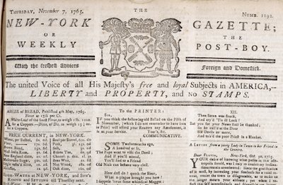 Kopfzeile der New York Gazette, die ihre Opposition zu den Stempeln erklärt, gedruckt am 7. November 1765 von American School
