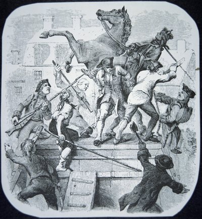 New Yorker Rebellen reißen die Statue des verhassten Georg III. von England nieder von American School