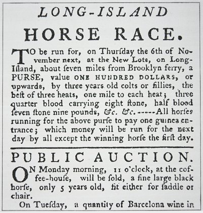 Ankündigung eines Pferderennens auf Long Island, aus Rivington