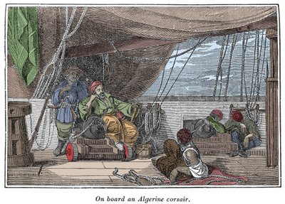 An Bord eines Schiffes algerischer Piraten. Illustration aus „The Pirates Own Book, authentic narratives of the most celebrated sea robbers“ von Charles Ellms, Boston 1837 von American School
