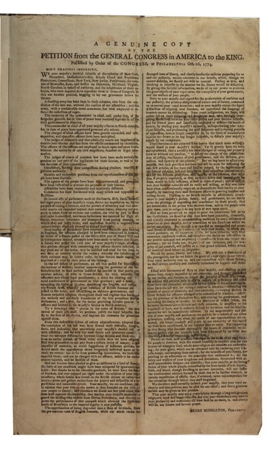 Petition des General Congress in Amerika an den König, Kontinentalkongress, 26. Oktober 1774 von American School