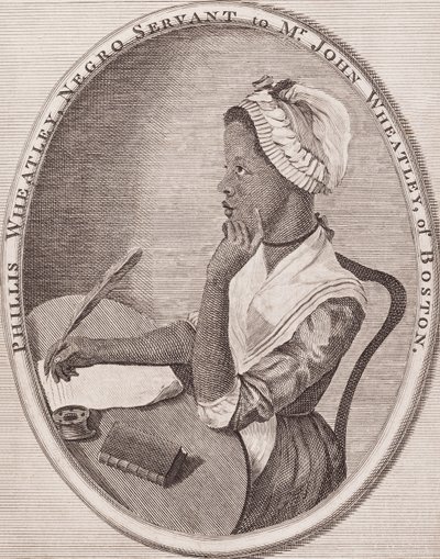 Phillis Wheatley (1753?-1784). Afroamerikanische Dichterin. Graviertes Frontispiz zu ihren "Gedichten", 1773. von American School