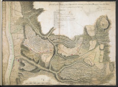 Plan der Position der Armee unter dem Kommando von Generalleutnant Burgoyne in der Nähe von Still Water, in der sie am 20. September 1777 lagerte von American School