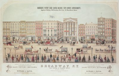 Plakat einer Ansicht von Broadway, von Anthony bis Franklin Street, das Robinsons Patent Handnähmaschine bewirbt, 1855 von American School