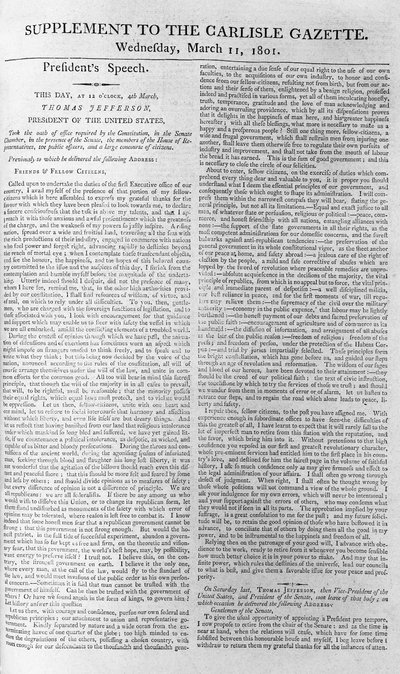 Präsident Jeffersons Antrittsrede, Beilage zur Carlisle Gazette, 11. März 1801 von American School