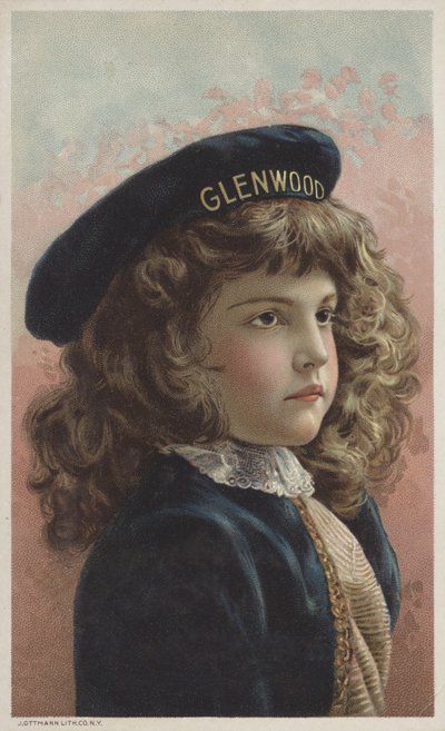Hübsches Mädchen mit lockigem braunem Haar und einer Mütze mit dem Namen Glenwood (Chromolithographie) von American School