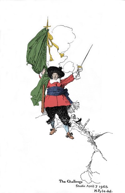 Darstellung eines Piraten, der eine Herausforderung wirft - In „Book of pirates Buccaneers and Marooners of the Spanish Main“ von Howard Pyle (1853 - 1911), amerikanischer Illustrator - 1903 von American School