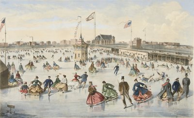 Schlittschuhlaufen auf dem Union Pond, veröffentlicht 1863 (Farblithografie) von American School
