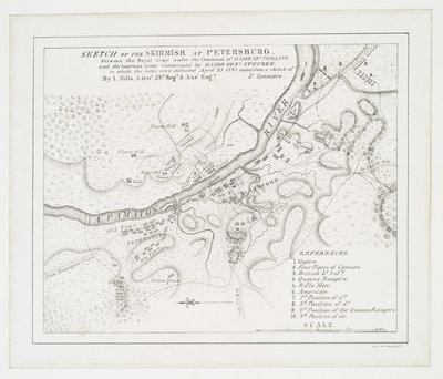Skizze des Gefechts bei Petersburg: zwischen der königlichen Armee unter dem Kommando von Major Gel. Phillips und der amerikanischen Armee unter dem Kommando von Major Genl. Steuben, bei dem letztere besiegt wurden, 25. April 1781 von American School