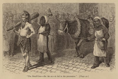 Der Boeuf-Gras, der fette Ochse, wird in der Prozession geführt (Stich) von American School