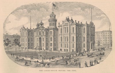 Das Gerichtsgebäude vor dem Brand, gedruckt von Moss Engraving Co., New York, Illustration aus History of Chicago vol. 2 von Alfred Theodore Andreas, veröffentlicht 1885 von American School