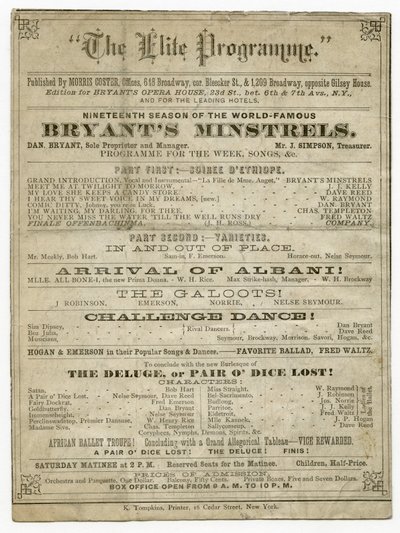 Das Elite-Programm für Bryants Opernhaus, veröffentlicht von Morris Coster von American School