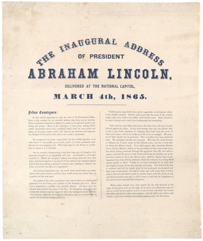 Antrittsrede von Präsident Abraham Lincoln, gehalten im Nationalkapitol, 4. März 1865 von American School