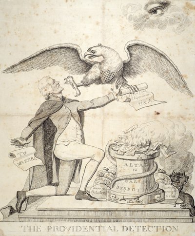 Die providentielle Entdeckung, Karikatur, die Thomas Jefferson (1743-1826) zeigt, wie er versucht, die Verfassung zu zerstören von American School