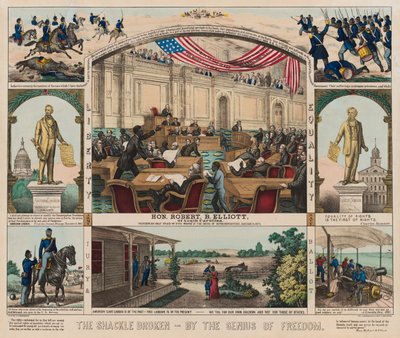 Die Fessel gebrochen - Durch den Genius der Freiheit, ca. 1860-1879 (Farblithografie) von American School