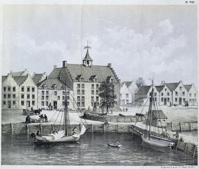 Das Stadthuys von New York im Jahr 1679, Ecke Pearl Street und Coentijs Slip, aus dem Journal of a Voyage to New York in 1679-80 von Jasper Danckaerts und Peter Sluyter, veröffentlicht 1867 von American School