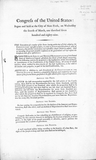 Die Bill of Rights der Vereinigten Staaten, abgeschlossen 1789 von American School