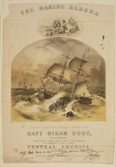 Die Brigg Marine rettet Passagiere in Rettungsbooten vom Dampfer SS Central America nach einem Hurrikan vor den Carolinas im September 1857. Über 550 ertranken und 30.000 Pfund (14.000 kg) kalifornisches Gold gingen verloren. von American School