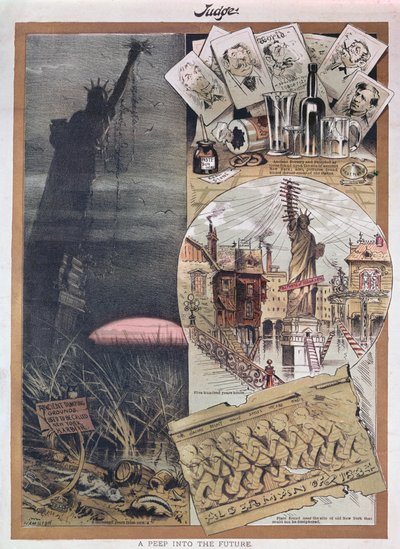 Die Zukunft der Freiheitsstatue, Karikatur aus der Zeitschrift Judge um die Zeit ihres Baus im Jahr 1886 von American School