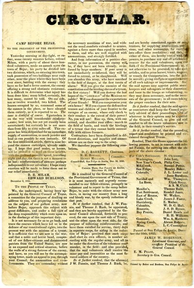 An das Volk von Texas bezüglich der Belagerung der mexikanischen Garnison in San Antonio de Bexar, 10. Dezember 1835 von American School