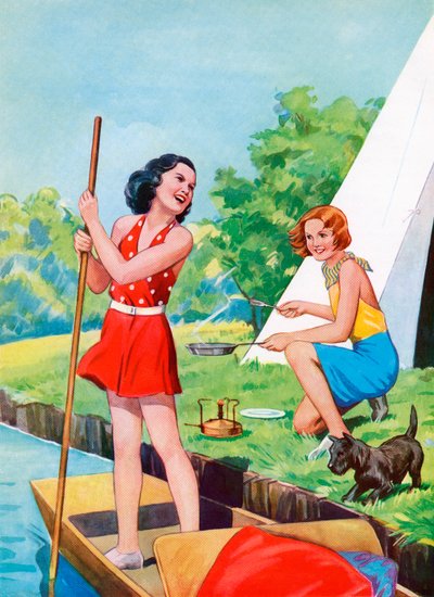 Zwei junge Mädchen beim Camping von American School