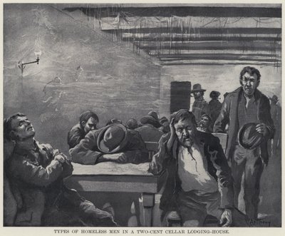 Typen obdachloser Männer in einem Zwei-Cent-Kellerquartier von American School