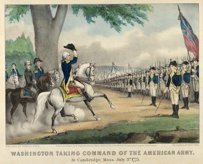 Washington übernimmt das Kommando der amerikanischen Armee in Cambridge, Massachusetts, am 3. Juli von American School