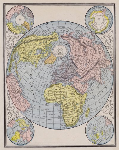 Weltkarte, die die Kontinente, Polarregionen und Veränderungen des Meeresspiegels zeigt von American School