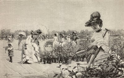 Frauen spazieren in Brera, Mailand, Italien, Gravur nach dem Gemälde Maggio (Mai) von Amerino Cagnoni
