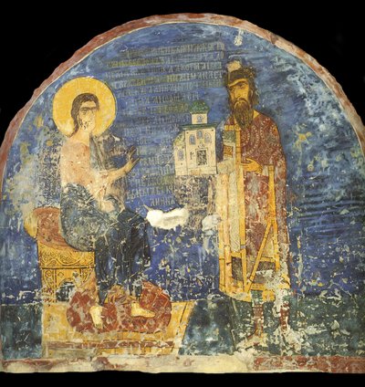 Großfürst Jaroslaw II. Wsewolodowitsch mit Modell der Nereditsa-Kirche vor Christus, 12. Jahrhundert von Ancient Russian frescos