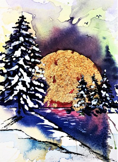Goldener Mond Winterlandschaft von Anda Bieza