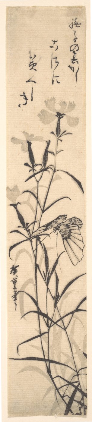 Schwarz-Weiß-Druck von Schmetterling und Blume einer Nelke von Ando Hiroshige