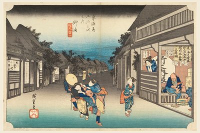 Goyu, Frauen halten Reisende auf, in Die Dreiundfünfzig Stationen der Tokaido-Straße (Tokaido Gojusan Tsugi-no Uchi) von Ando Hiroshige
