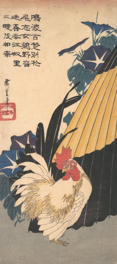Hahn, Regenschirm und Prunkwinden, ca. 1830 von Ando Hiroshige